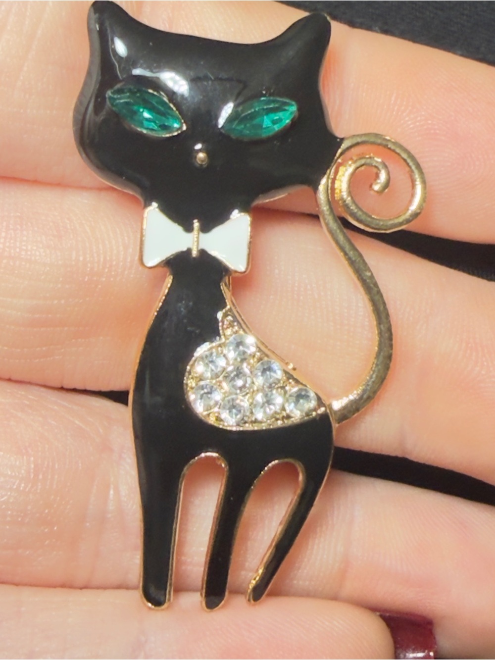 Black Cat Brooch Pin with Emerald Eyes and Crystal Accent